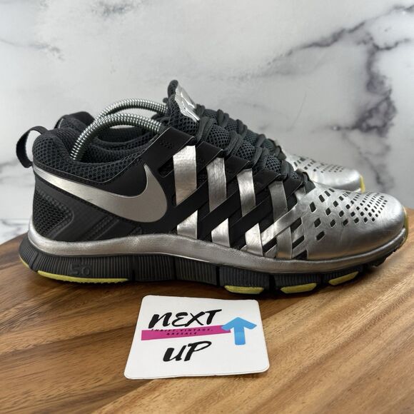 Men’s 9.5-Nike Free Trainer 5.0 ‘Super Bowl’ Silver Black Running Shoes Sneakers